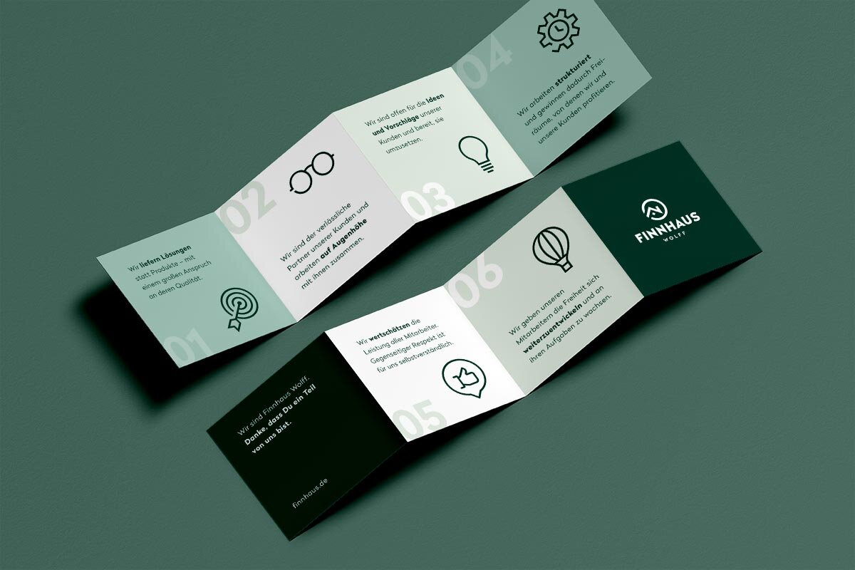 Die Markenwerte von Finnhaus Wolff, chic gedruckt für Mitarbeiterinnen und Mitarbeiter