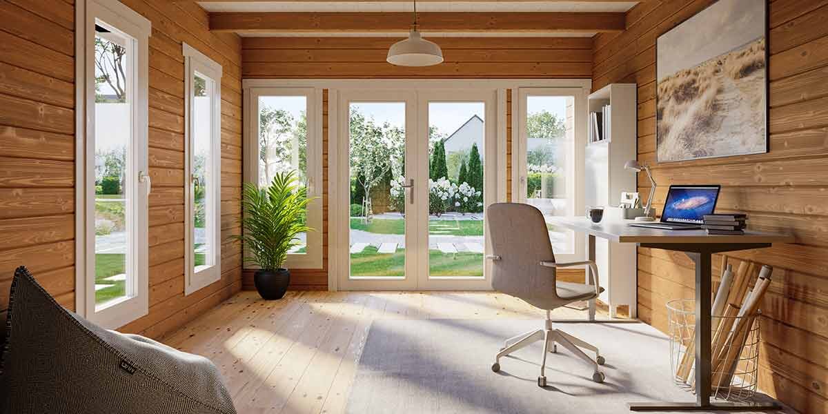 Innenansicht eines individuell eingerichteten Gardenoffices von Finnhaus Wolff