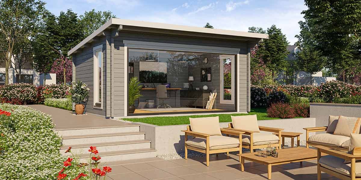 Gardenoffice von Finnhaus Wolff aus nordischem Holz und mit großer Panorama-Schiebetür