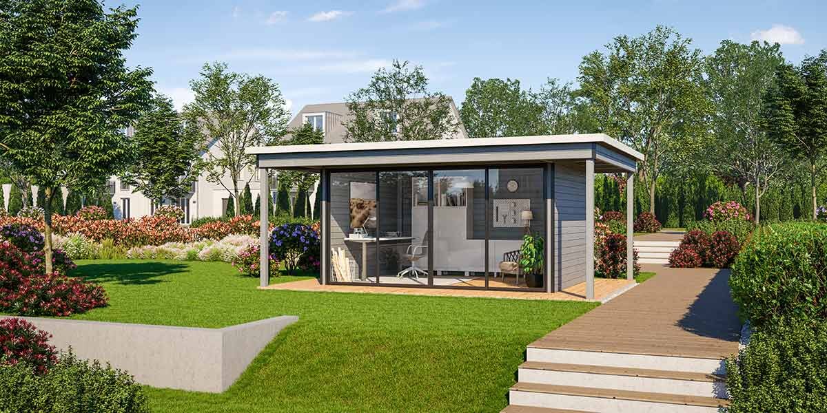 Gardenoffice von Finnhaus Wolff mit großer Kunststoff-Schiebetür Gardenoffice von Finnhaus Wolff mit großer Kunststoff-Schiebetür