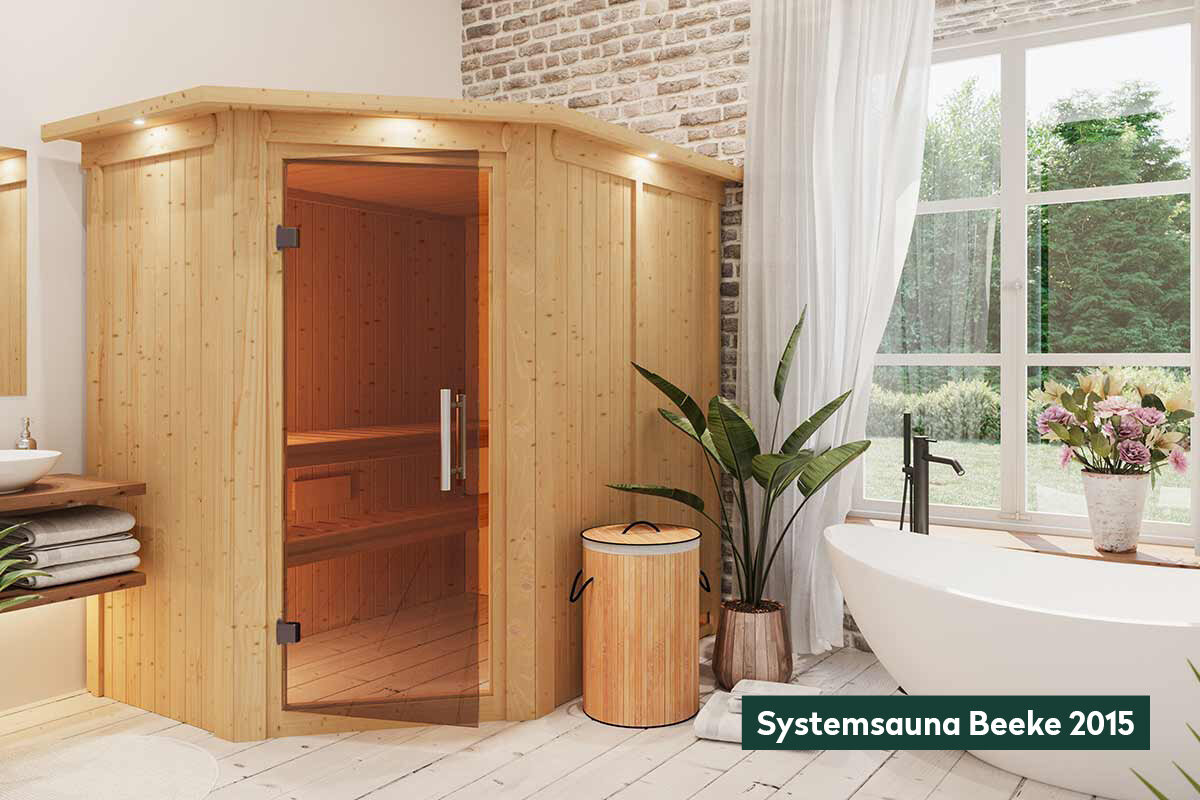 Systemsauna „Beeke“ von Finnhaus Wolff in Badezimmer neben Badewanne.