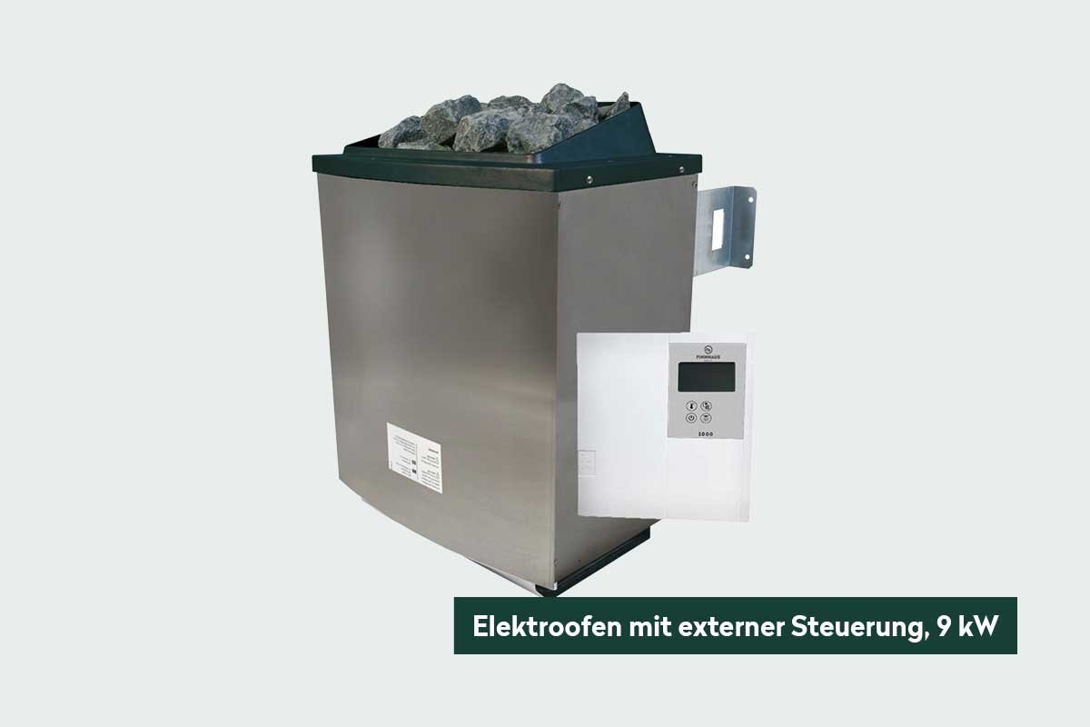 Elektroofen für Sauna mit 9 kW und externer Steuerung von Finnhaus Wolff.